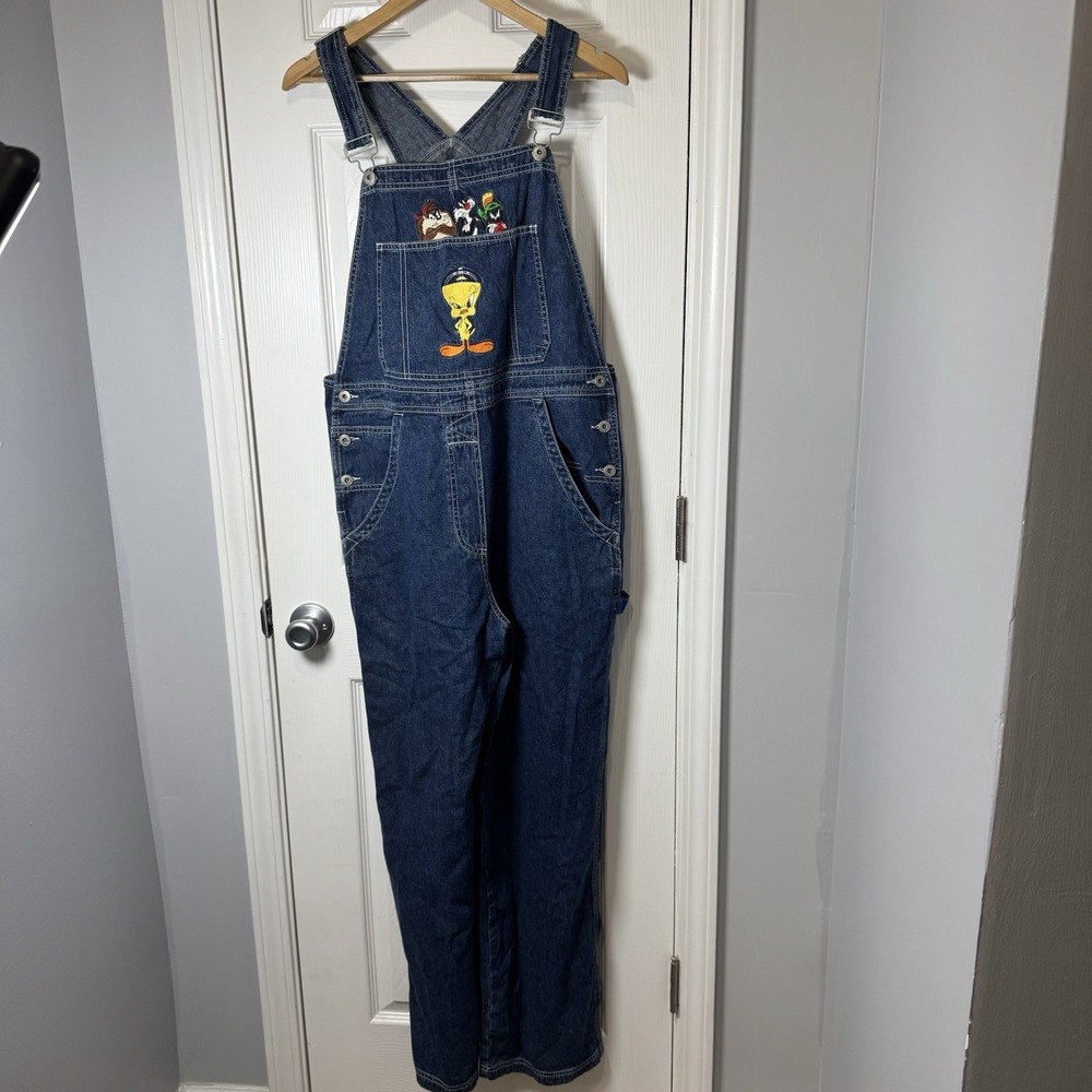 Looney Tunes Embroidered Carpenter TWEETY DAFFY TAZ 1999 DENIM Overall Med Tag